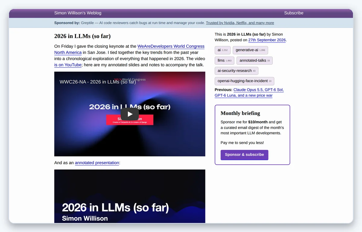 Скриншот: Разбор Simon Willison об итогах 2026 года в LLM (снято 28.09.2026)