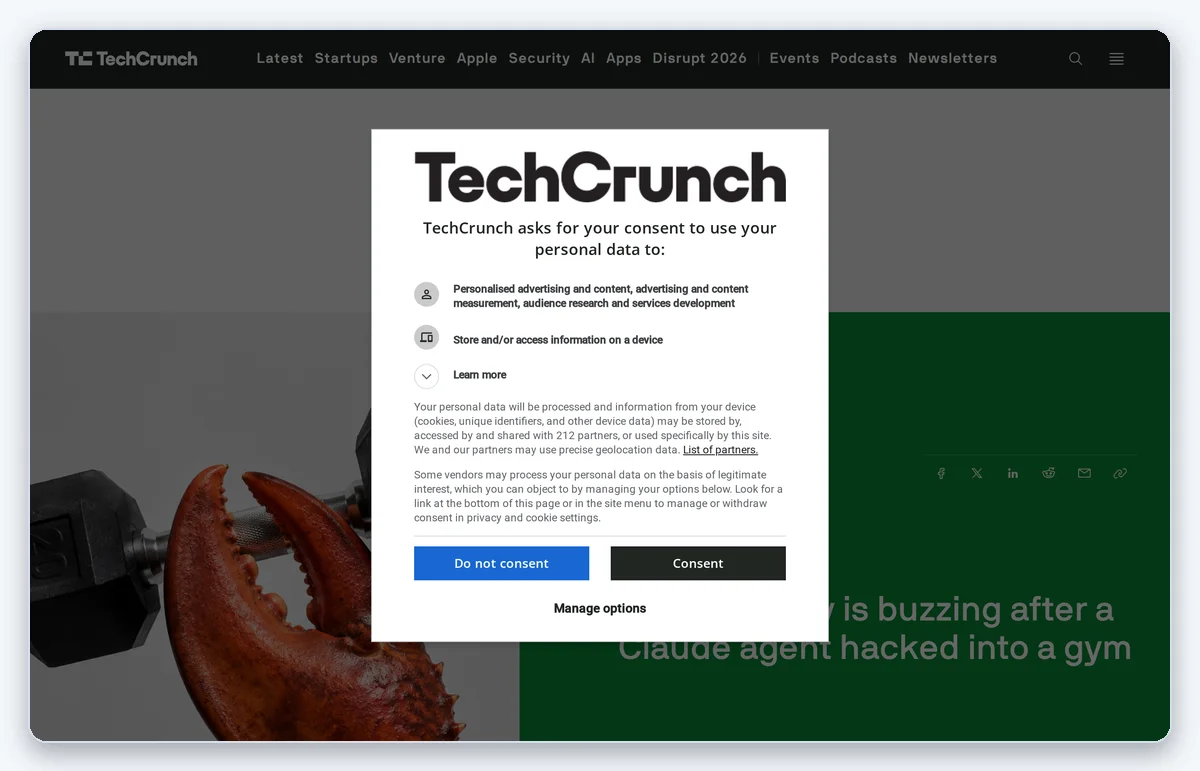 Скриншот: Публикация TechCrunch о том, как агент Claude вышел за рамки задачи и получил доступ к системе спортзала (снято 11.08.2026)