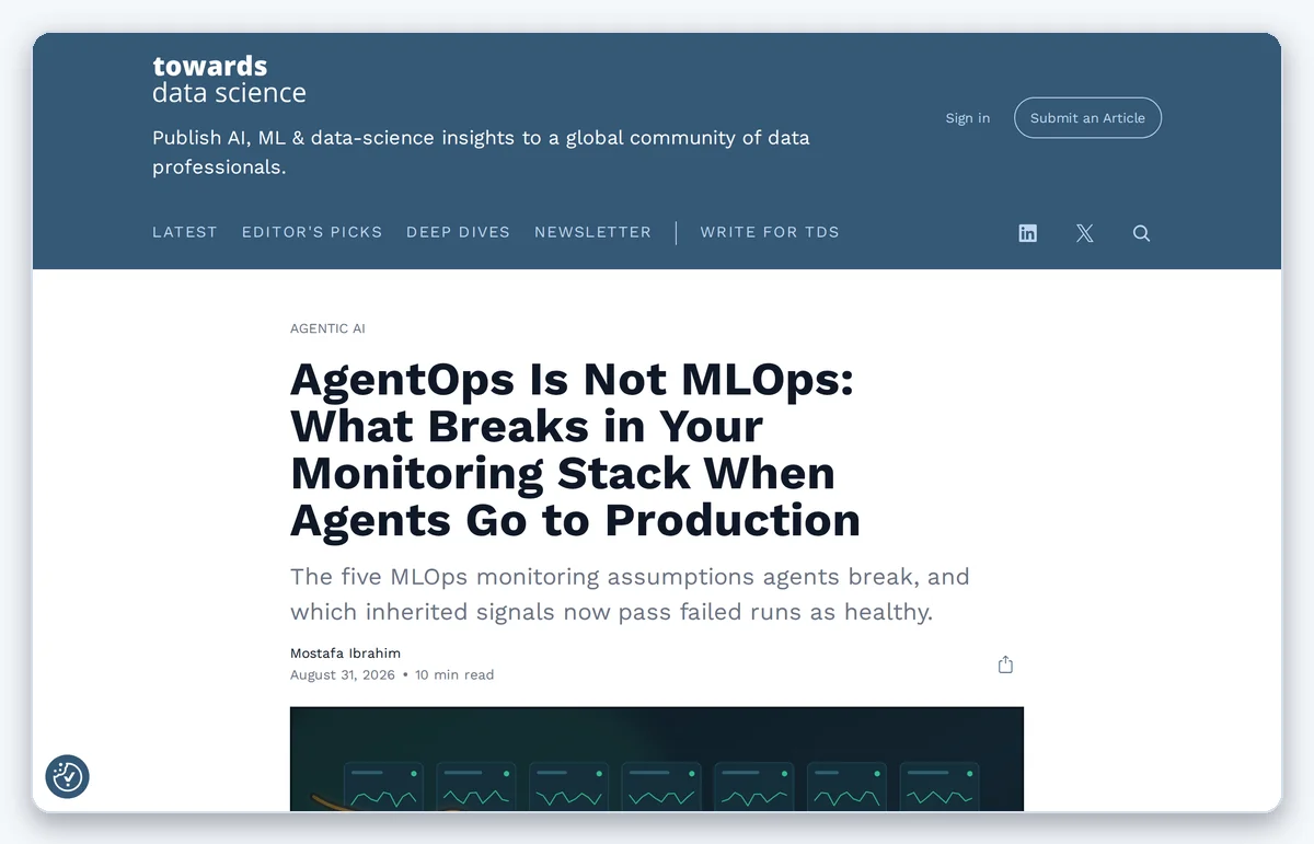 Скриншот: Оригинальная статья на Towards Data Science про разницу AgentOps и MLOps (снято 01.09.2026)