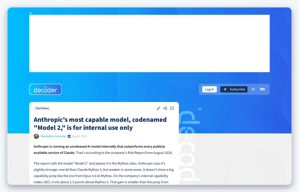 Скриншот: Публикация The Decoder о внутренней модели Model 2 Anthropic (снято 21.08.2026)