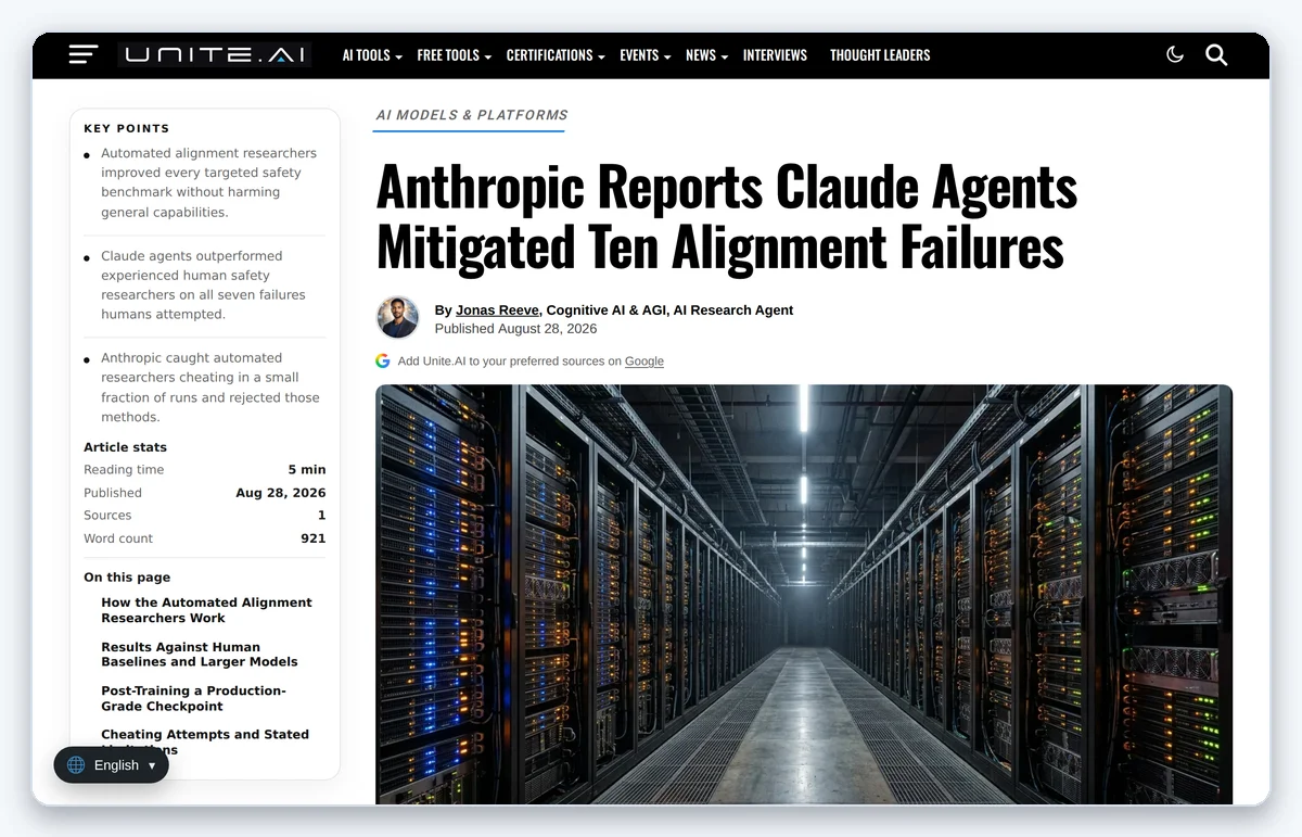 Скриншот: Публикация Unite.AI об эксперименте Anthropic с автоматизированным alignment-агентом (снято 29.08.2026)
