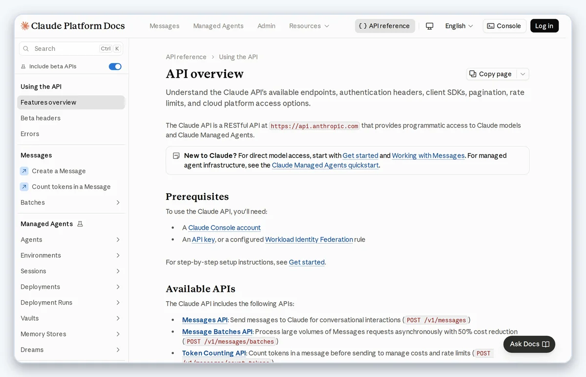 Скриншот: Официальная документация Anthropic с разделом начала работы с API (снято 05.09.2026)