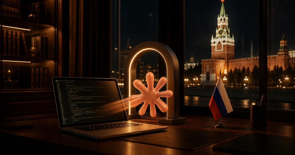 Ноутбук с открытым терминалом Claude Code на фоне контурной карты России