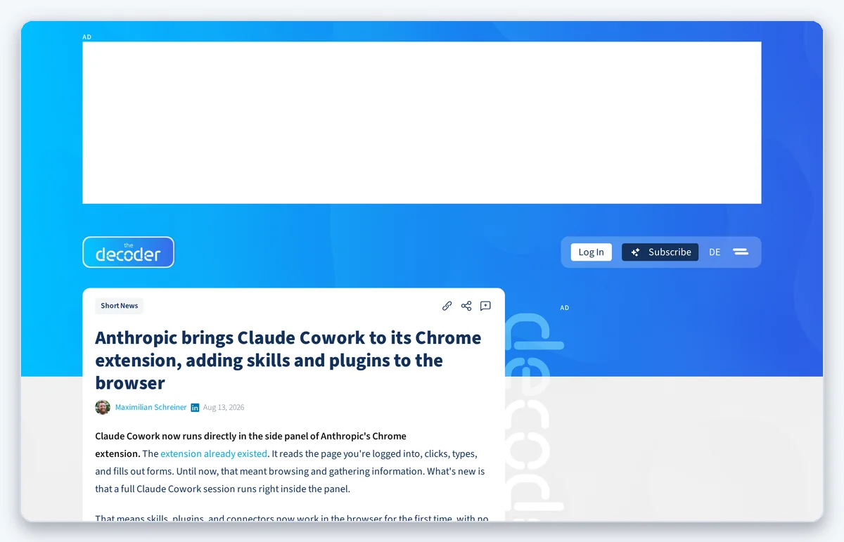 Скриншот: Материал The Decoder о переезде Claude Cowork в расширение Chrome (снято 14.08.2026)