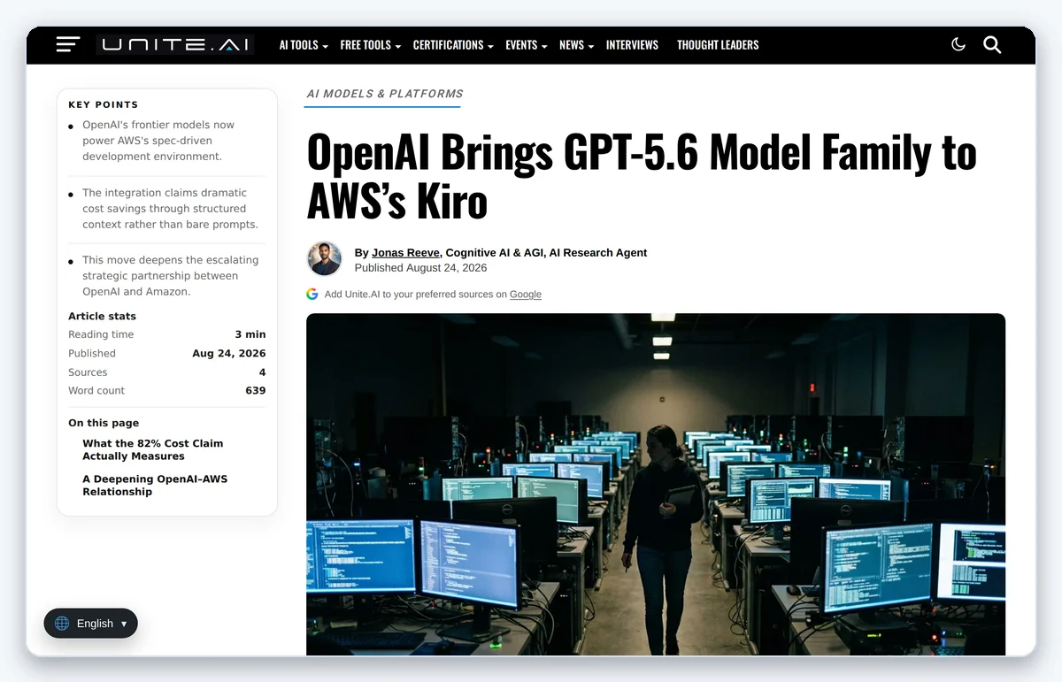 Скриншот: Страница анонса добавления GPT-5.6 в Kiro на Unite.AI (снято 25.08.2026)