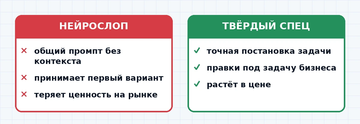 Сравнение результата специалиста с твёрдым навыком и нейрослопа без специализации