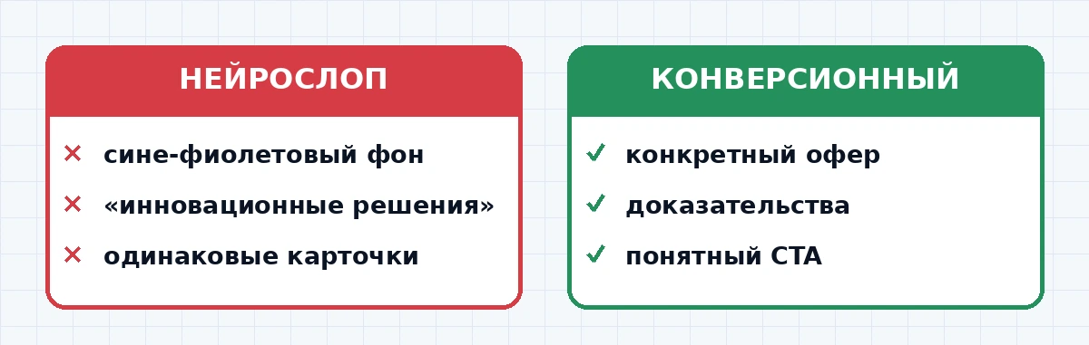 Сравнение нейрослопного и конверсионного сайта, сделанных на нейросети
