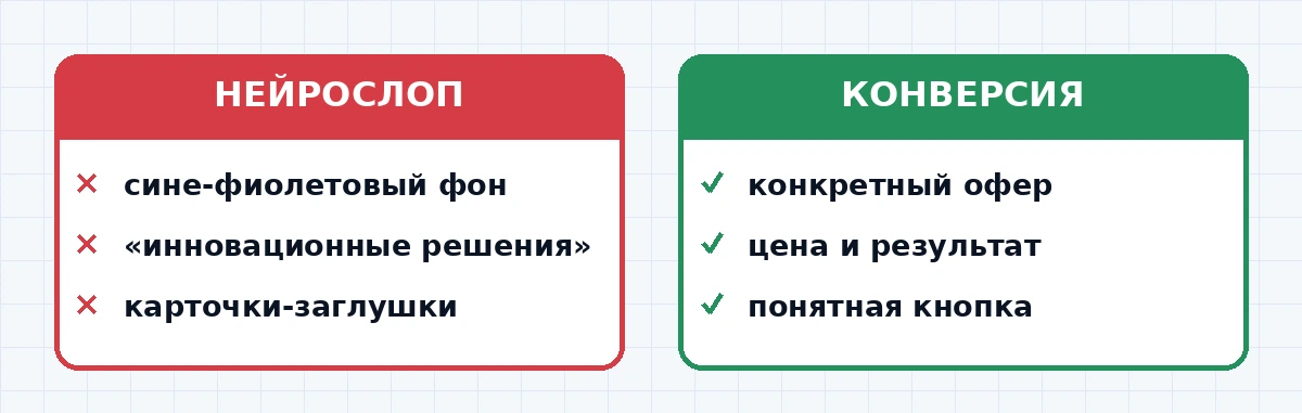Нейрослопный сайт с синим фоном и расплывчатым офером рядом с конкретным конверсионным примером