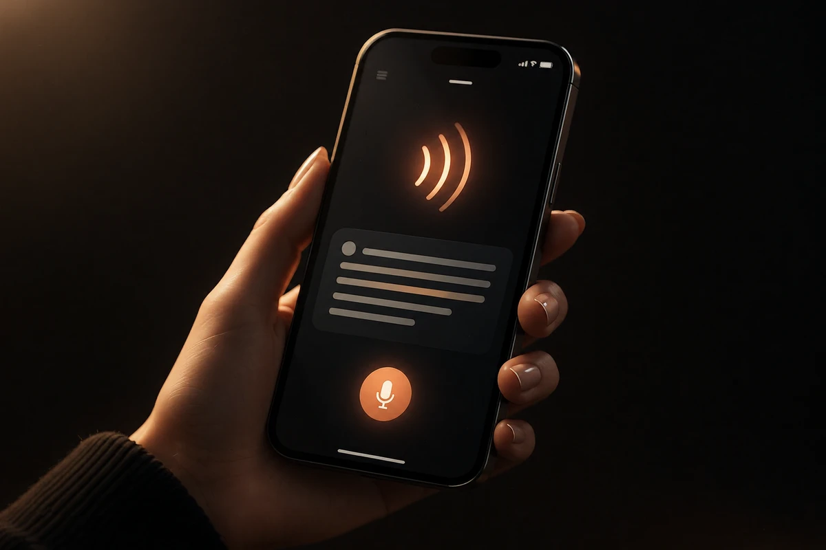 смартфон с активным микрофоном и текстом промпта на экране Claude