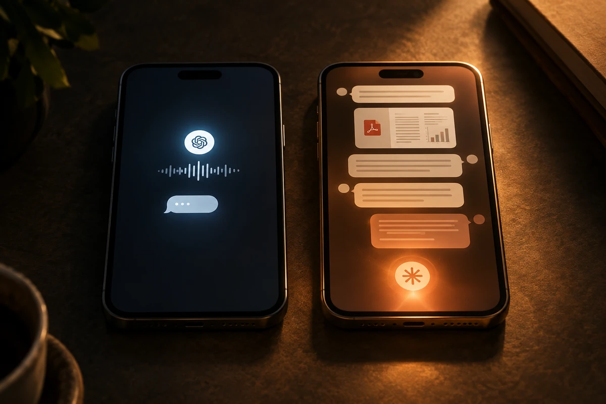 Сравнение двух экранов: слева голосовой запрос в Siri, справа чат Claude с длинным ответом и файлами
