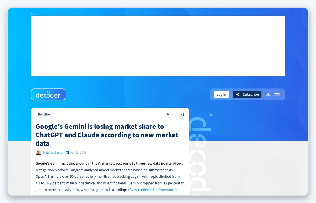 Скриншот: Скриншот статьи The Decoder о падении доли рынка Gemini (снято 13.08.2026)