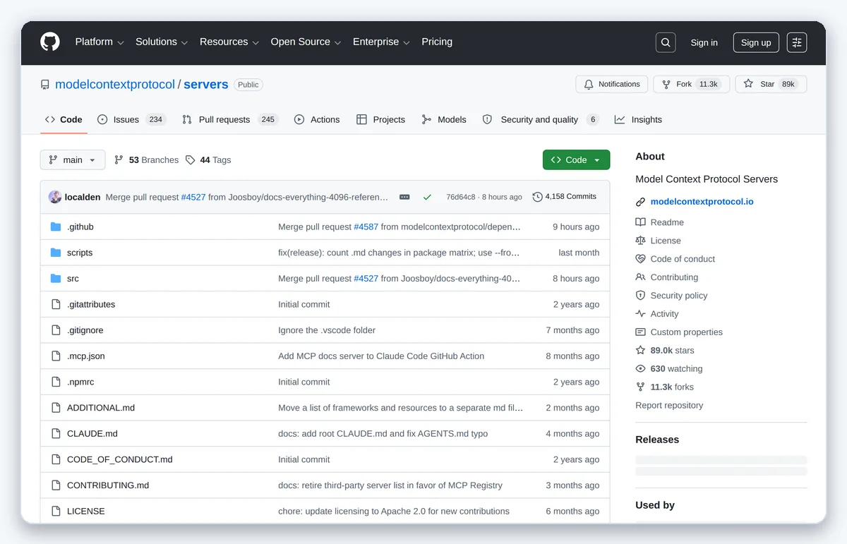 Репозиторий с готовыми MCP-серверами на GitHub (скриншот 30.07.2026)