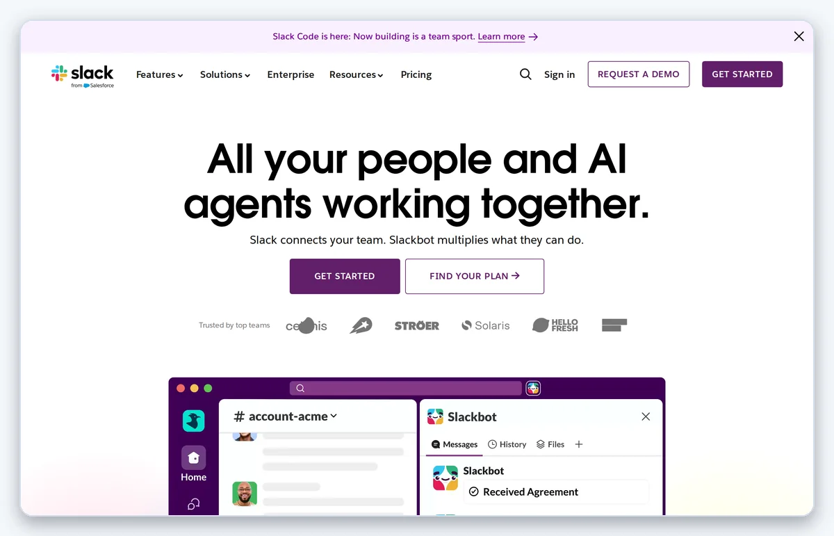 Скриншот: Главная страница Slack — продукт для командной работы (снято 21.08.2026)