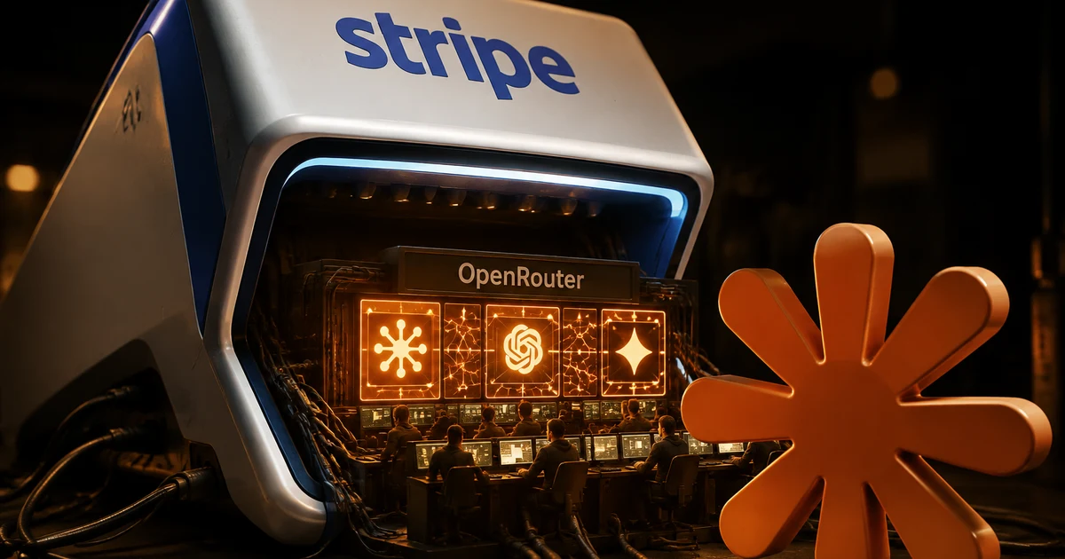 Логотипы Stripe и OpenRouter на фоне схемы маршрутизации AI-запросов