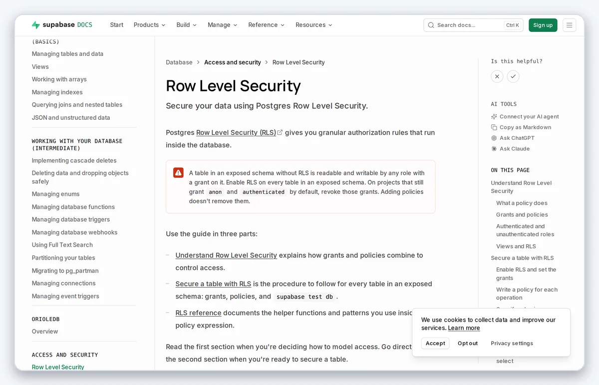 Скриншот: Документация Supabase по Row Level Security (снято 26.09.2026)